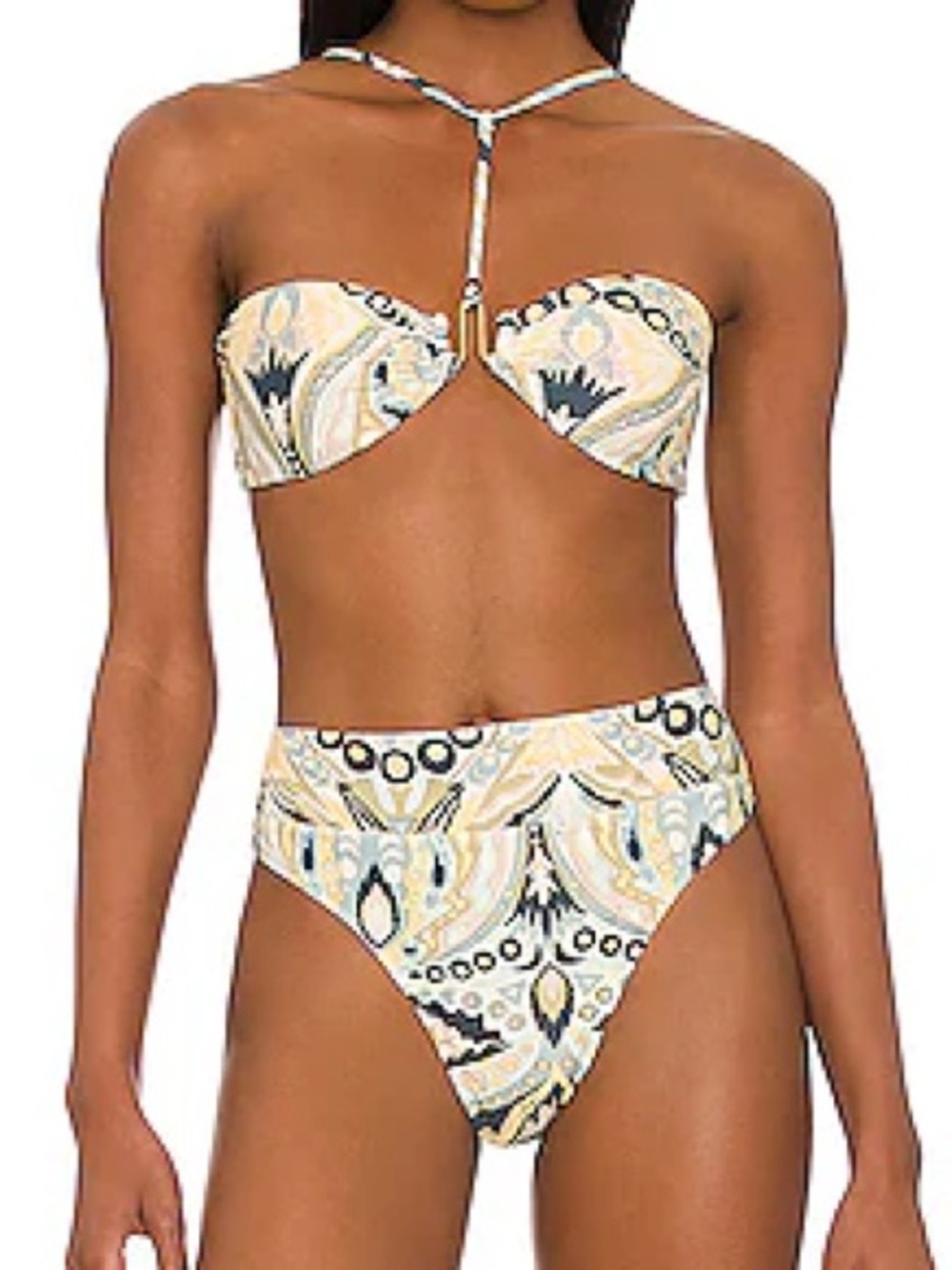cult gaia Cream and Navy Paisley High-Waist Bandeau Bikini - NEVER WORN